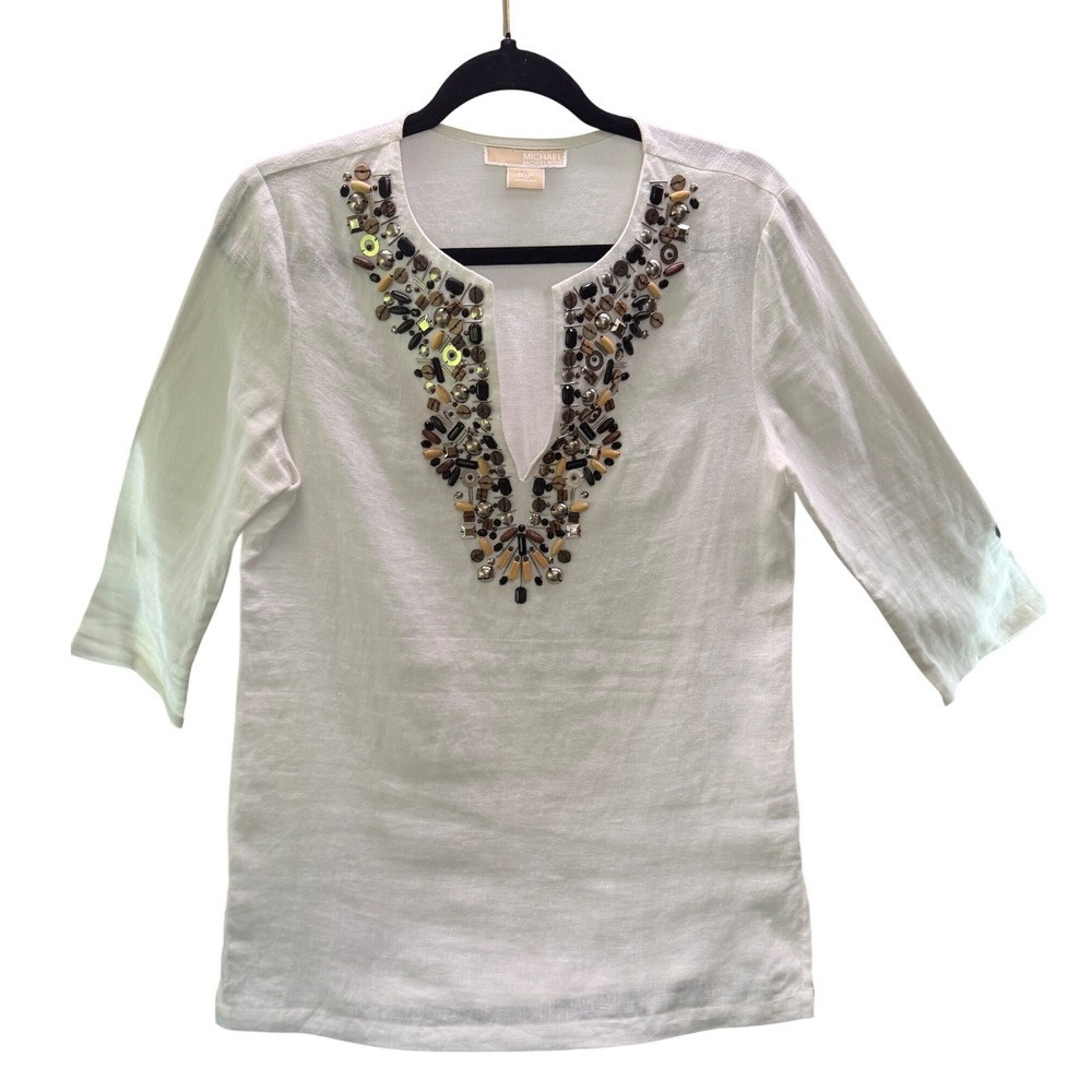 Michael Kors Linen Tunic Women Small White Beaded Split Neck 3/4 Sleeve Boho